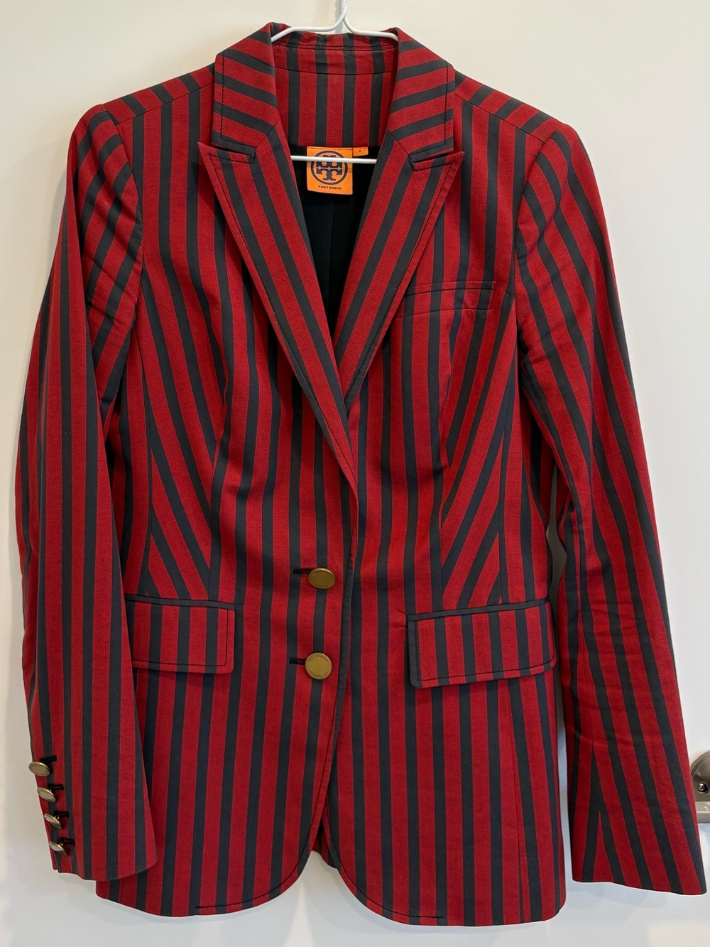 Tory Burch Red and Navy Striped Tailored Blazer
